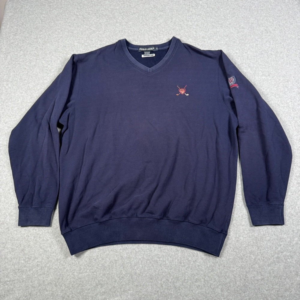Vintage Polo Golf Ralph Lauren Mens XL V-Neck Sweatshirt Navy Woodmont Preppy